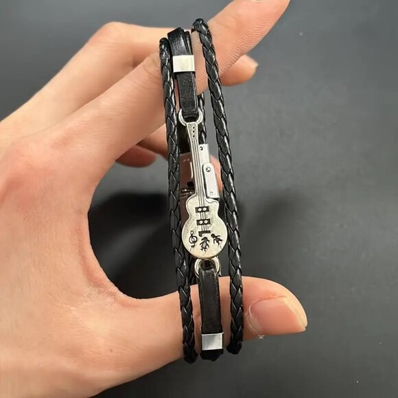 Leather Bracelet Guitar wrist Edgy Rock Bangle Stainless Black Stylish Music NEW - Picture 2 of 6
